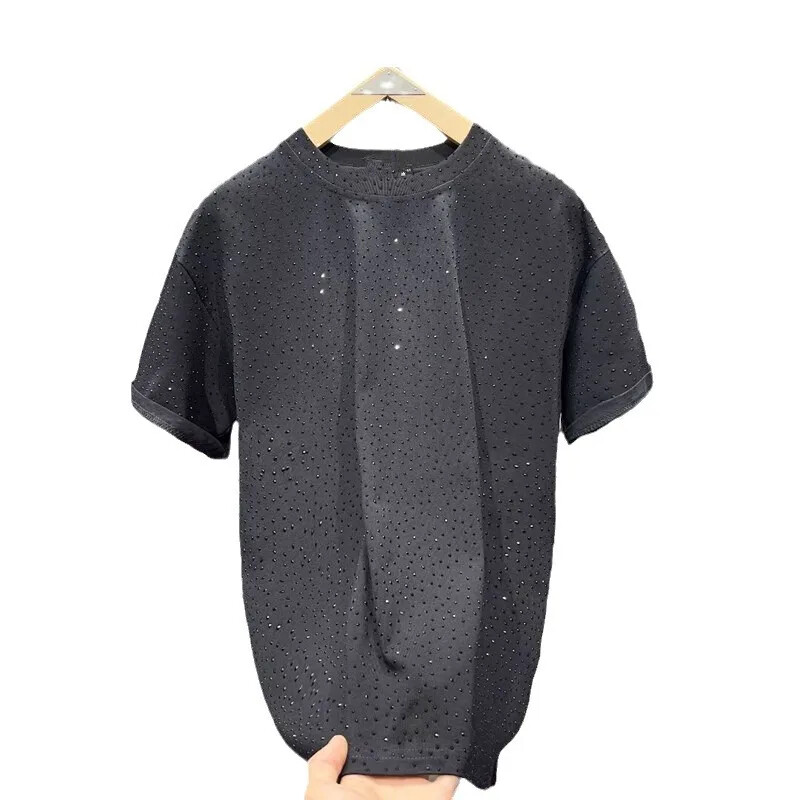 Moderns, moderns vīriešu t-krekls ar īsām piedurknēm ar nišas dimantu izrotātiem augstas klases apaļa kakla izgriezumiem ar puspiedurknēm vasaras pāra T-krekls