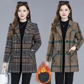 Rudens/ziemas biezināta vilnas rūtaina jaka pusmūža un vecāka gadagājuma sievietēm vidēja garuma neilona virsjaka