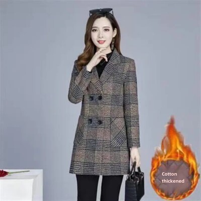 Rudens/ziemas biezināta vilnas rūtaina jaka pusmūža un vecāka gadagājuma sievietēm vidēja garuma neilona virsjaka