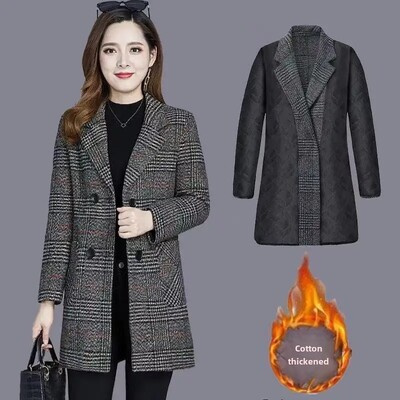 Rudens/ziemas biezināta vilnas rūtaina jaka pusmūža un vecāka gadagājuma sievietēm vidēja garuma neilona virsjaka