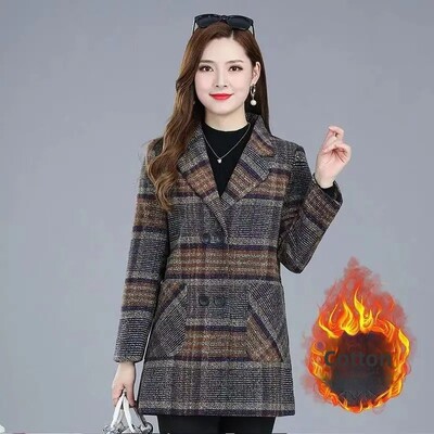 Rudens/ziemas biezināta vilnas rūtaina jaka pusmūža un vecāka gadagājuma sievietēm vidēja garuma neilona virsjaka