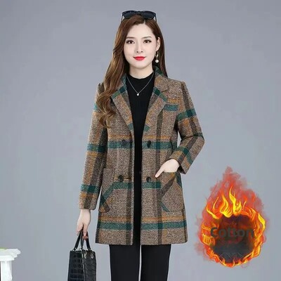 Rudens/ziemas biezināta vilnas rūtaina jaka pusmūža un vecāka gadagājuma sievietēm vidēja garuma neilona virsjaka