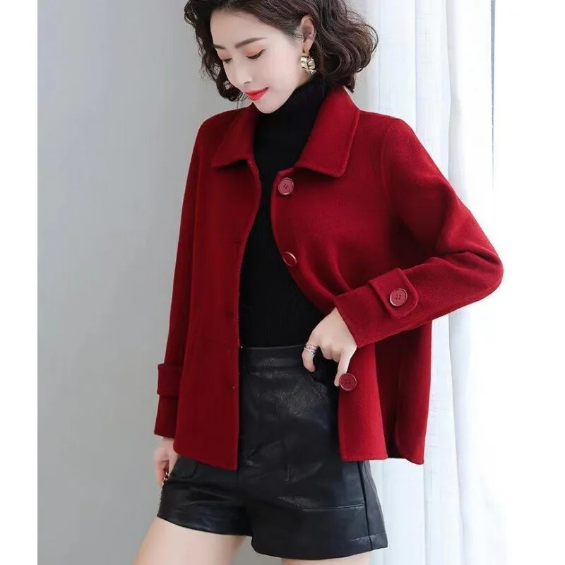 Īss vilnas jakas mētelis sievietēm brīvs ikdienišķs daudzpusīgs pogām atvērts ziemas modes virsdrēbes vidēja vecuma piemērots