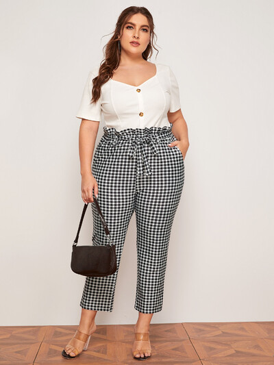 Liela izmēra papīra maisiņš viduklis Vasaras elegantas Gingham bikses elastīgas jostas kabatas sānos potītes garuma bikses ikdienas rūtainas zīmuļu bikses 6XL