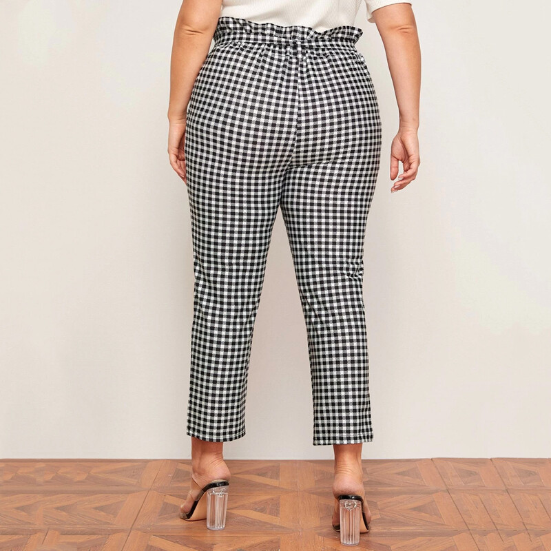 Liela izmēra papīra maisiņš viduklis Vasaras elegantas Gingham bikses elastīgas jostas kabatas sānos potītes garuma bikses ikdienas rūtainas zīmuļu bikses 6XL