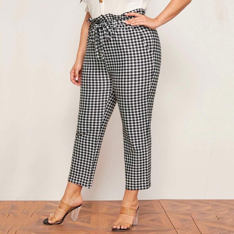Liela izmēra papīra maisiņš viduklis Vasaras elegantas Gingham bikses elastīgas jostas kabatas sānos potītes garuma bikses ikdienas rūtainas zīmuļu bikses 6XL