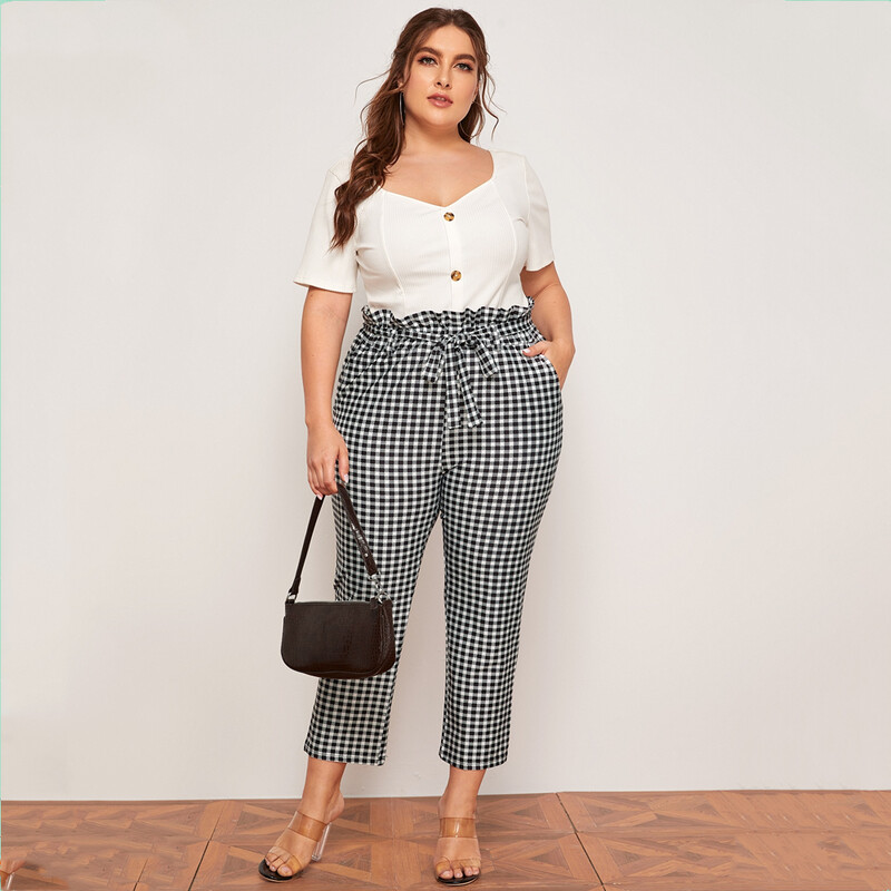 Liela izmēra papīra maisiņš viduklis Vasaras elegantas Gingham bikses elastīgas jostas kabatas sānos potītes garuma bikses ikdienas rūtainas zīmuļu bikses 6XL