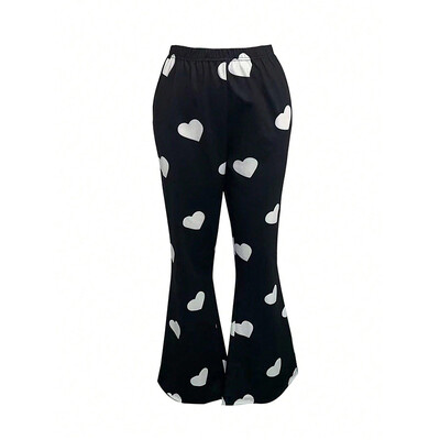 LW lielizmēra sieviešu bikses ar augstu jostasvietu, 2024. g. jaunas modes lielizmēra augstas elastīgas bikses ar sirds apdruku, ikdienas bikses sievietēm