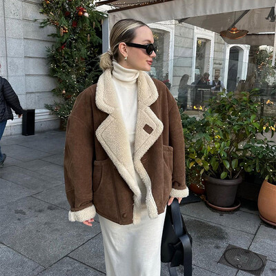 Vintage zamšādas jēra vilnas mētelis Maillard biezāka silta kažokāda ādas motociklistu jaka ziemas modes sieviešu vilnas īsa virsjaka virsdrēbes