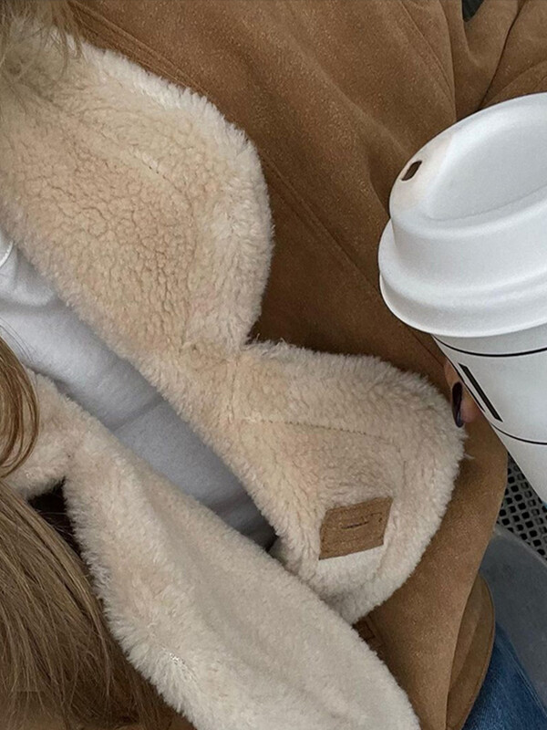 Vintage zamšādas jēra vilnas mētelis Maillard biezāka silta kažokāda ādas motociklistu jaka ziemas modes sieviešu vilnas īsa virsjaka virsdrēbes