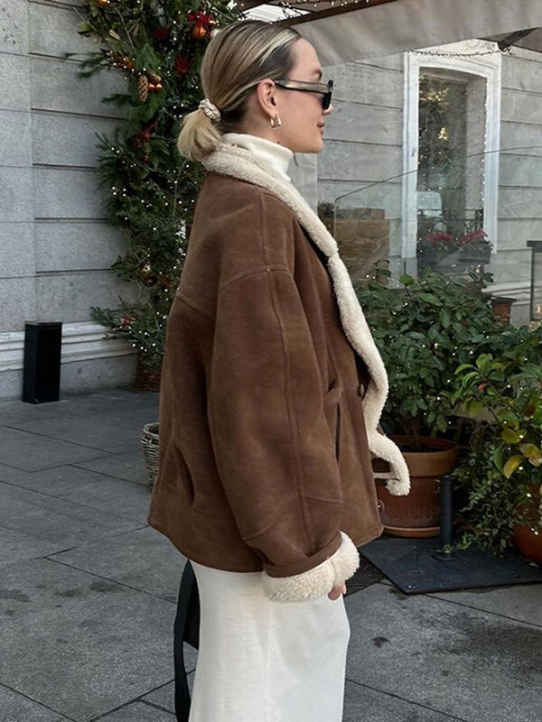 Vintage zamšādas jēra vilnas mētelis Maillard biezāka silta kažokāda ādas motociklistu jaka ziemas modes sieviešu vilnas īsa virsjaka virsdrēbes