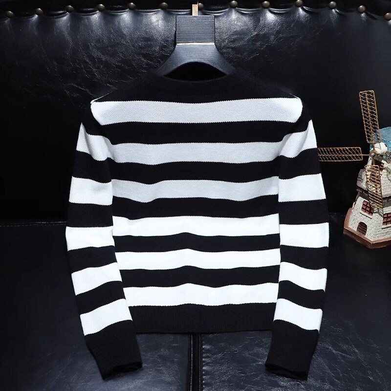 Unikāla dizaina moderns, svītrains džemperis ar apaļu apkakli vīriešu ikdienas apģērbam