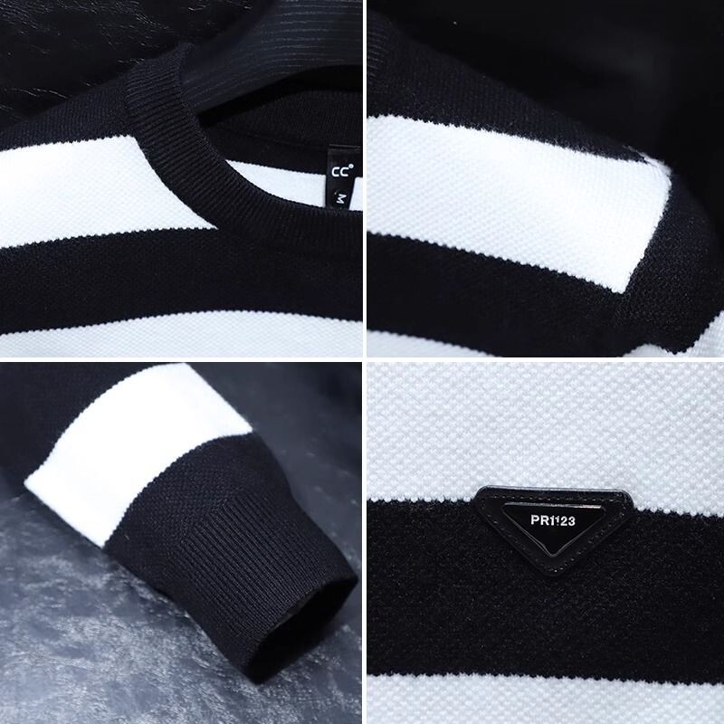 Unikāla dizaina moderns, svītrains džemperis ar apaļu apkakli vīriešu ikdienas apģērbam