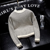 Korejiešu modes rudens ziemas jauni džemperi vīriešiem ar o-kaklu Houndstooth High Street ikdienas garajām piedurknēm, brīvi džemperi, trikotāžas topi