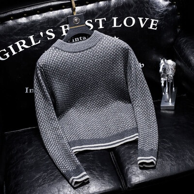 Korejiešu modes rudens ziemas jauni džemperi vīriešiem ar o-kaklu Houndstooth High Street ikdienas garajām piedurknēm, brīvi džemperi, trikotāžas topi