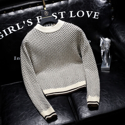 Korejiešu modes rudens ziemas jauni džemperi vīriešiem ar o-kaklu Houndstooth High Street ikdienas garajām piedurknēm, brīvi džemperi, trikotāžas topi