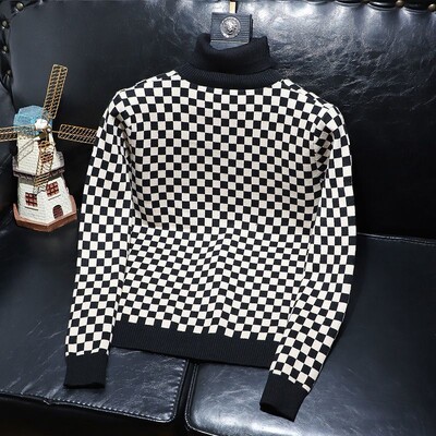 Korejas tendences rudens ziema vīriešu izlikta kakla rūtainā krāsa, kontrasta krāsa, mode, brīvi, garām piedurknēm, džemperi, trikotāžas topi