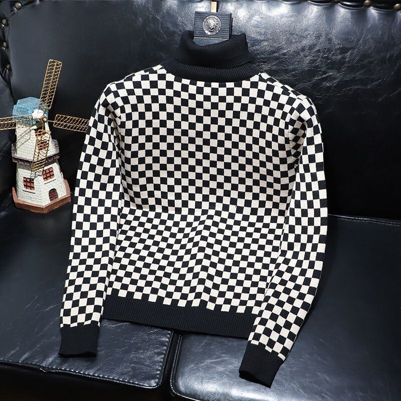 Korejas tendences rudens ziema vīriešu izlikta kakla rūtainā krāsa, kontrasta krāsa, mode, brīvi, garām piedurknēm, džemperi, trikotāžas topi