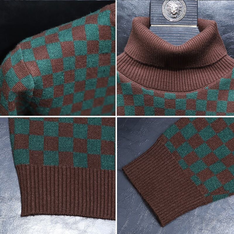 Korejas tendences rudens ziema vīriešu izlikta kakla rūtainā krāsa, kontrasta krāsa, mode, brīvi, garām piedurknēm, džemperi, trikotāžas topi