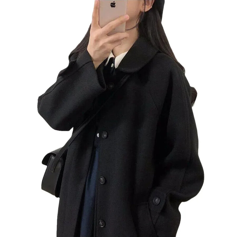 Дамско есен/зима 2022 г. нов стил дребно корейско удебелено черно изкуствено вълнено яке Палто за юноши Модно връхно облекло