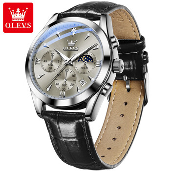 OLEVS 3609 Original Moon Phase Chronograph Man ρολόι Δερμάτινο λουράκι αδιάβροχο, πολυτελές, μάρκας χαλαζία, ανδρικά ρολόγια χειρός