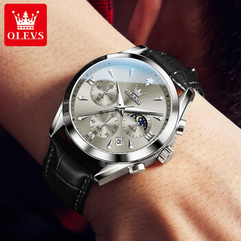 OLEVS 3609 Original Moon Phase Chronograph Man ρολόι Δερμάτινο λουράκι αδιάβροχο, πολυτελές, μάρκας χαλαζία, ανδρικά ρολόγια χειρός