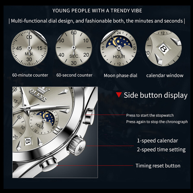 OLEVS 3609 oriģinālie mēness fāzes hronogrāfa vīriešu pulksteņi, ādas siksniņas, ūdensnecaurlaidīgi gaiši luksusa zīmola kvarca rokas pulksteņi vīriešiem