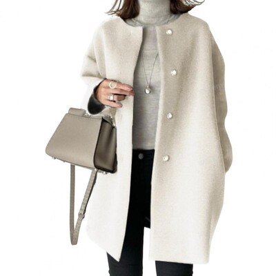 Rudens ziemas sieviešu jaka, pogāma, apaļš kakls, vaļīgas garas piedurknes, taisns vilnas mētelis vidēja garuma tīras krāsas virsdrēbes