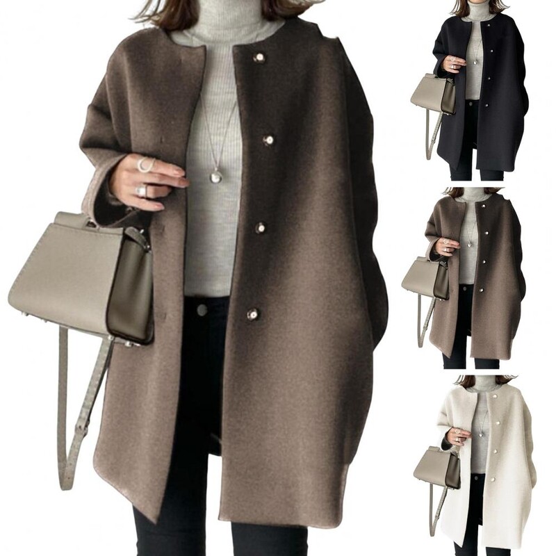 Rudens ziemas sieviešu jaka, pogāma, apaļš kakls, vaļīgas garas piedurknes, taisns vilnas mētelis vidēja garuma tīras krāsas virsdrēbes