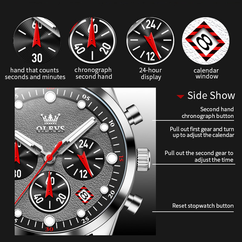 OLEVS luksusa vīriešu pulkstenis, silikona siksna, ūdensnecaurlaidīgs, gaišs hronogrāfs klasisks vīriešu pulkstenis, oriģinālais vīriešu kvarca pulkstenis 2024