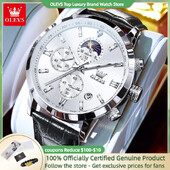 OLEVS 9812 Vīriešu pulksteņi Ādas siksna Daudzfunkcionāls romiešu mēroga ciparnīca Ūdensizturīgs mēness fāzes kvarca rokas pulkstenis JAUNUMS