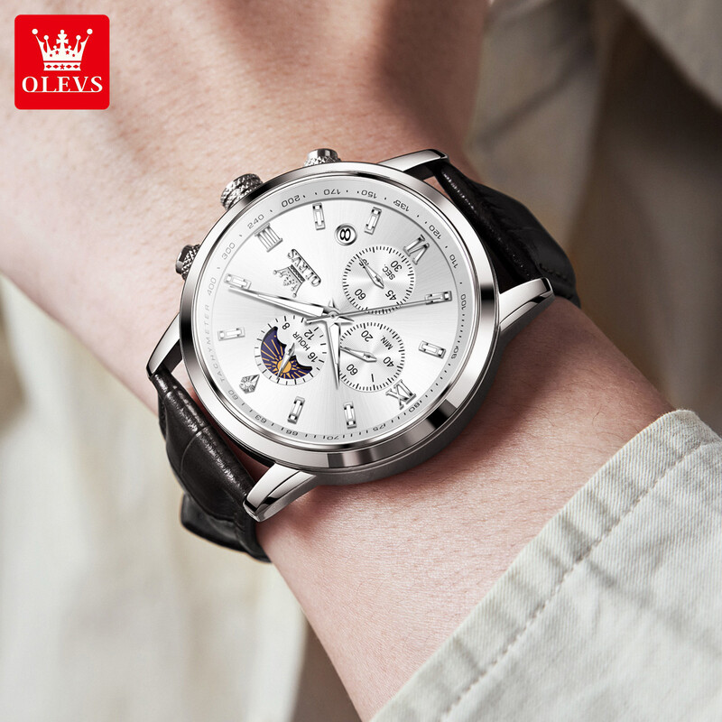 OLEVS 9812 Vīriešu pulksteņi Ādas siksna Daudzfunkcionāls romiešu mēroga ciparnīca Ūdensizturīgs mēness fāzes kvarca rokas pulkstenis JAUNUMS