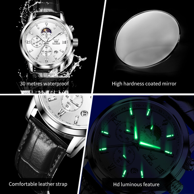 OLEVS 9812 Vīriešu pulksteņi Ādas siksna Daudzfunkcionāls romiešu mēroga ciparnīca Ūdensizturīgs mēness fāzes kvarca rokas pulkstenis JAUNUMS