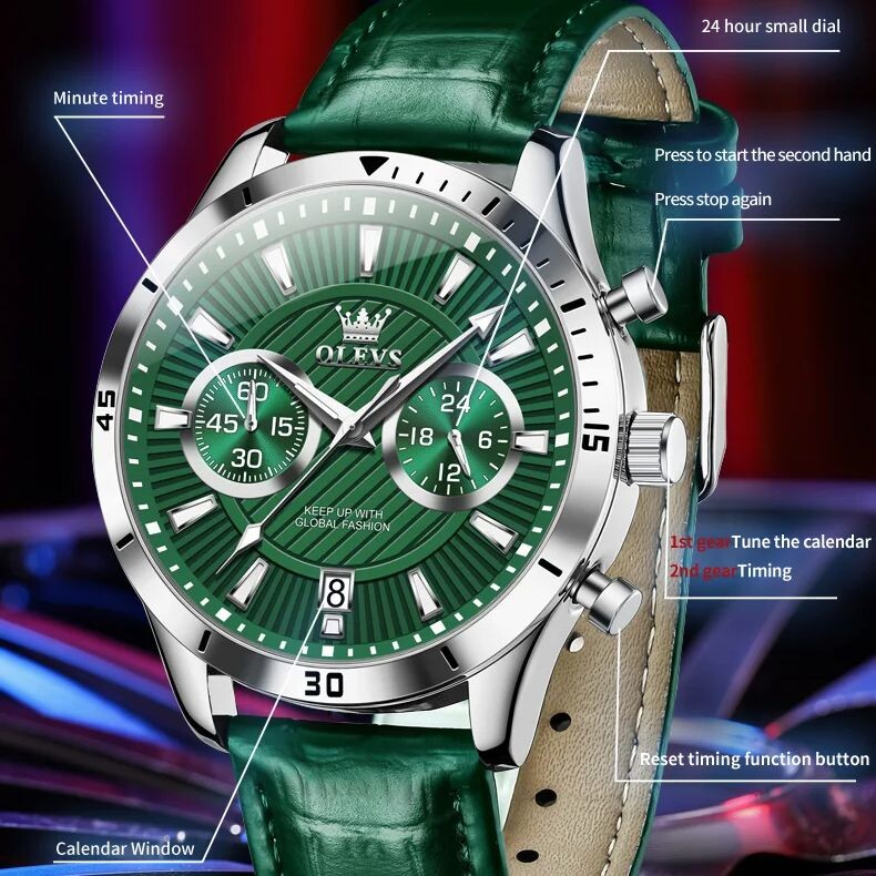 OLEVS JAUNS vīriešu pulkstenis zaļš ādas siksniņas kalendārs 24 stundu hronoskops, gaismas ūdensizturīgs rokas pulkstenis augstas kvalitātes vīriešu pulksteņi