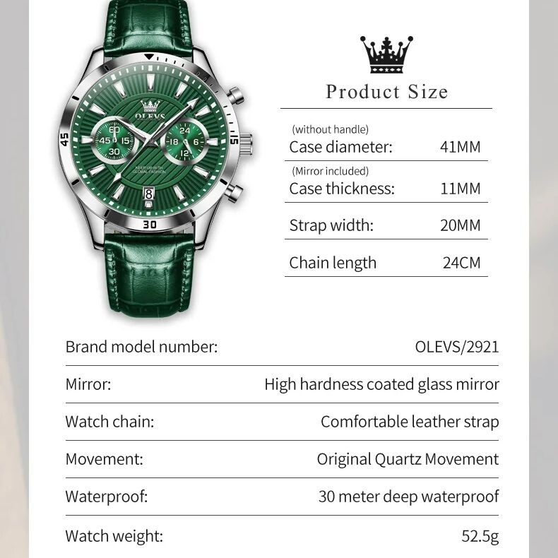 OLEVS JAUNS vīriešu pulkstenis zaļš ādas siksniņas kalendārs 24 stundu hronoskops, gaismas ūdensizturīgs rokas pulkstenis augstas kvalitātes vīriešu pulksteņi