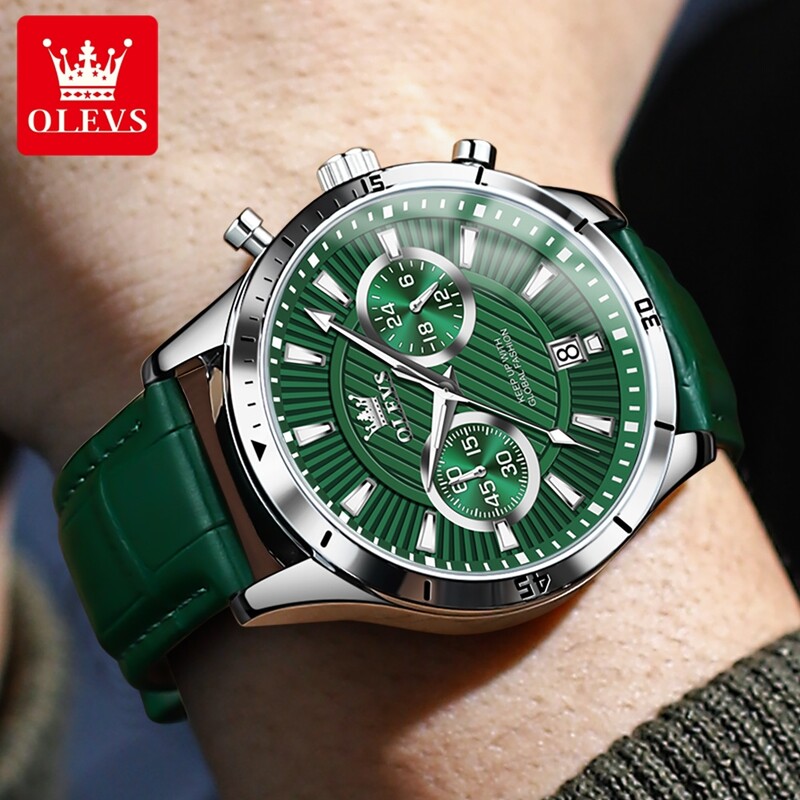 OLEVS JAUNS vīriešu pulkstenis zaļš ādas siksniņas kalendārs 24 stundu hronoskops, gaismas ūdensizturīgs rokas pulkstenis augstas kvalitātes vīriešu pulksteņi