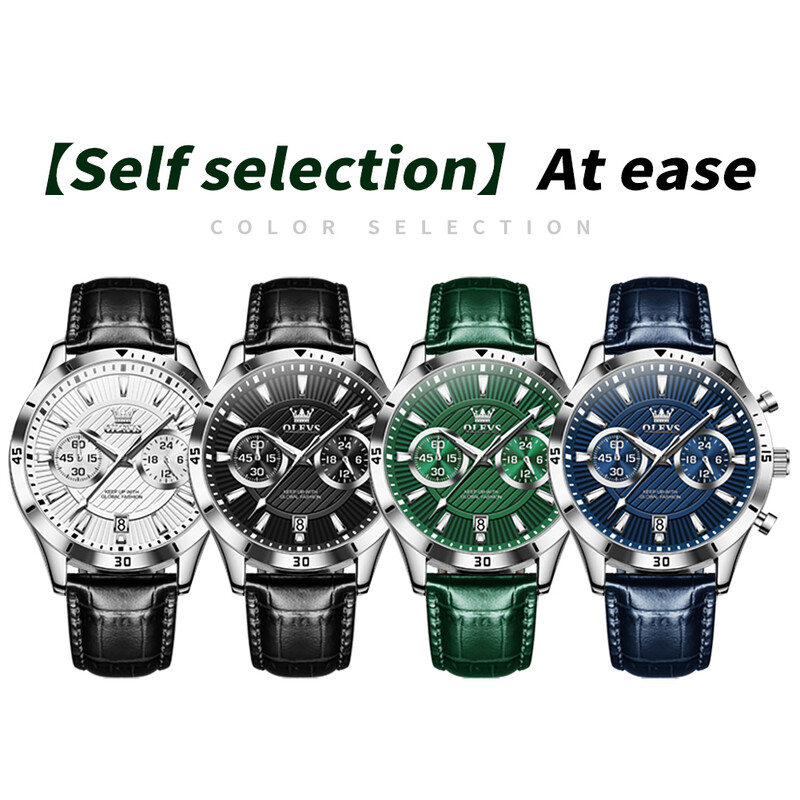 OLEVS JAUNS vīriešu pulkstenis zaļš ādas siksniņas kalendārs 24 stundu hronoskops, gaismas ūdensizturīgs rokas pulkstenis augstas kvalitātes vīriešu pulksteņi