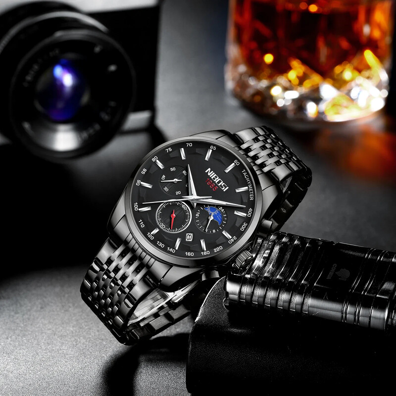 NIBOSI 2025. gada jauni vīriešu pulksteņi, augstākās klases kvarca pulkstenis vīriešiem, automātisks datuma mēness fāzes hronogrāfa rokas pulkstenis Relogio masculino