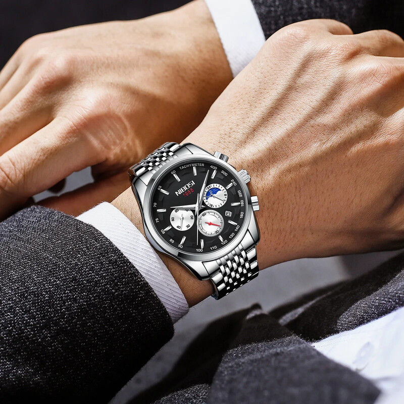 NIBOSI 2025. gada jauni vīriešu pulksteņi, augstākās klases kvarca pulkstenis vīriešiem, automātisks datuma mēness fāzes hronogrāfa rokas pulkstenis Relogio masculino