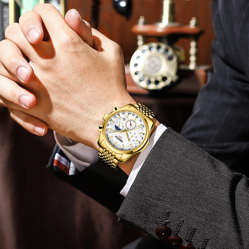 NIBOSI 2025. gada jauni vīriešu pulksteņi, augstākās klases kvarca pulkstenis vīriešiem, automātisks datuma mēness fāzes hronogrāfa rokas pulkstenis Relogio masculino