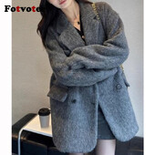 FOTVOTEE Modes ikdienas jaka Sieviešu ciets atloks, biezs divrindu vilnas mētelis rudens ziema Jauna temperamenta vienkārša virsdrēbes