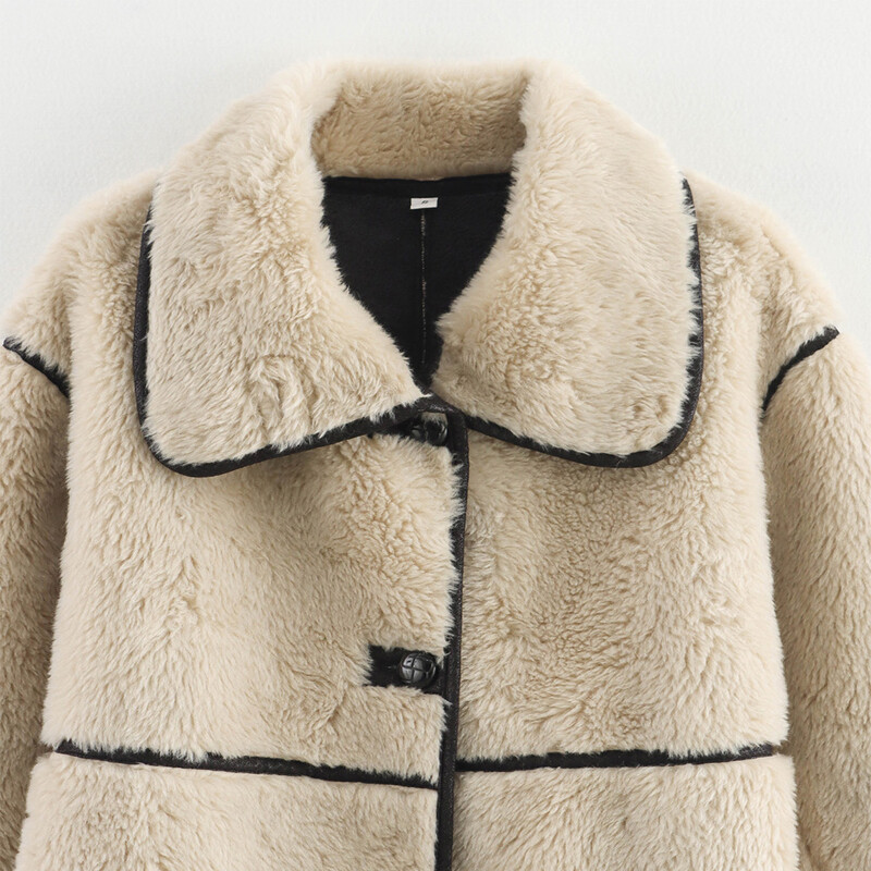 INS Fashion Bēšs Krāsa Apkakle ar Garām piedurknēm Sieviešu ar vienu krūtiņu Silts Brīvs Flīss Garš Mētelis ZATAF 2024 Ziemas Jaunums