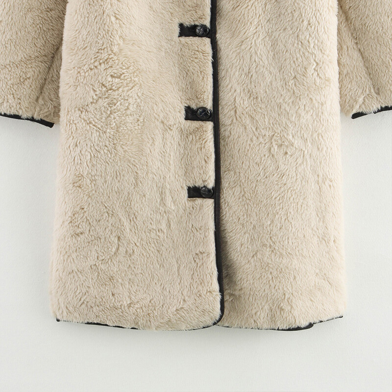 INS Fashion Bēšs Krāsa Apkakle ar Garām piedurknēm Sieviešu ar vienu krūtiņu Silts Brīvs Flīss Garš Mētelis ZATAF 2024 Ziemas Jaunums