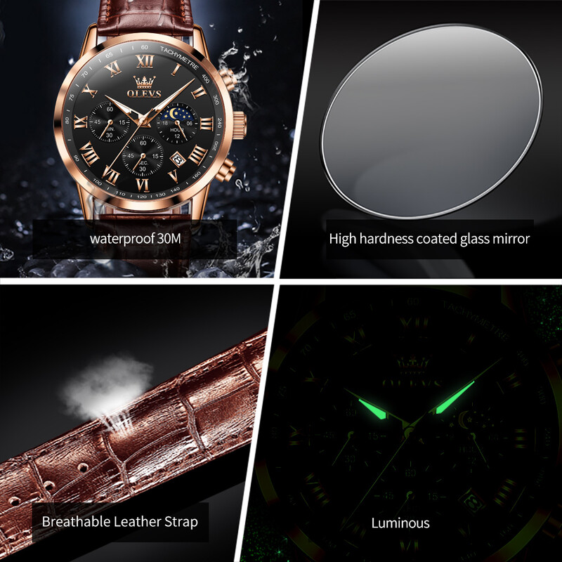 OLEVS Luksusa kvarca pulkstenis vīriešiem Biznesa ūdensizturīgs sporta vīriešu pulksteņi Ādas siksniņa Moon Phase rokas pulkstenis Relogios Masculino