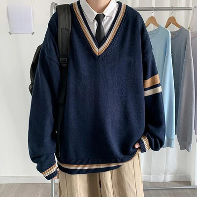 Pavasara rudens Honkongas stila krāsu bloku džemperis vīriešiem ar V-veida kakla izgriezumu japāņu vintage studentu vienkārša korejiešu moderna trikotāžas augšējā jaka