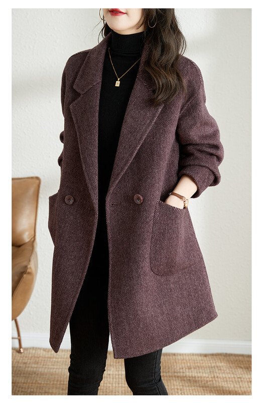 Sieviešu vilnas mētelis, 2024. gada rudens un ziemas jauns korejiešu nolaižama apkakle, pieguļoša, biezināta vidēja garuma vilnas mēteļi vienkrāsains