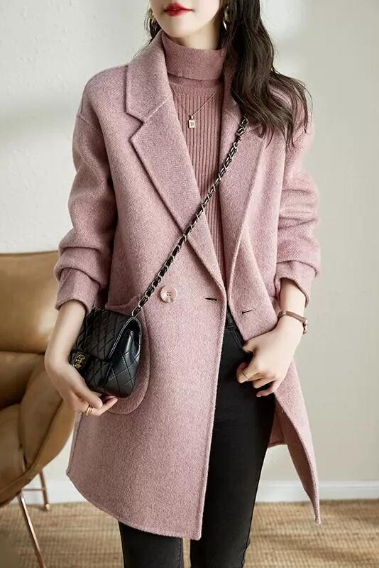 Sieviešu vilnas mētelis, 2024. gada rudens un ziemas jauns korejiešu nolaižama apkakle, pieguļoša, biezināta vidēja garuma vilnas mēteļi vienkrāsains