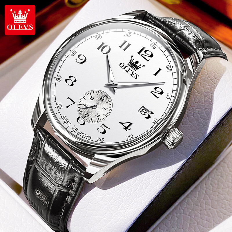 OLEVS vīriešu pulksteņi, vienkārši, moderni, lieli arābu cipari, oriģināls kvarca pulkstenis vīrietim, ūdensizturīgs, gaišs ādas siksniņa