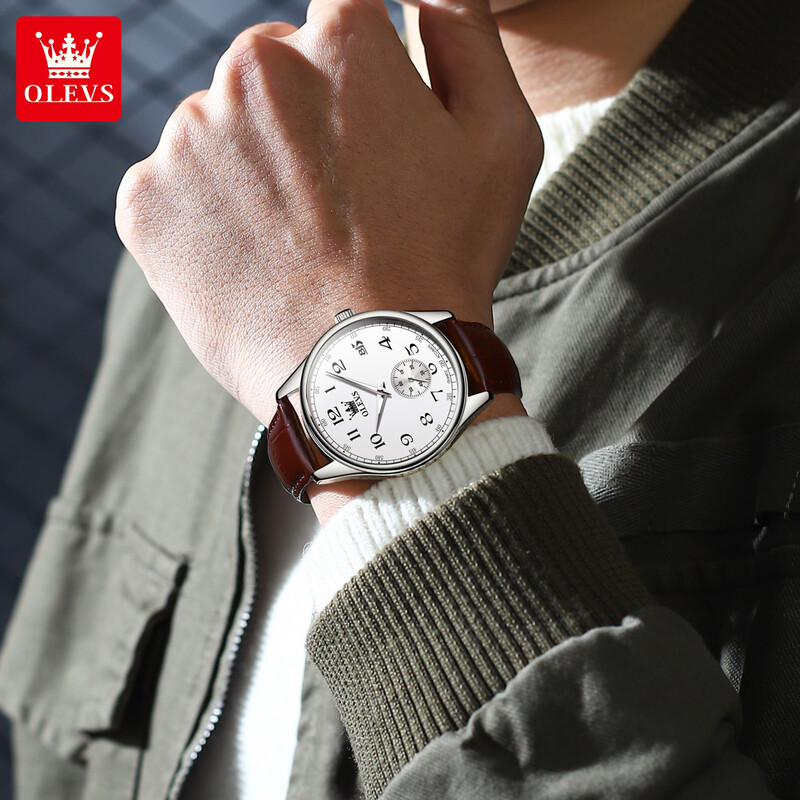 OLEVS vīriešu pulksteņi, vienkārši, moderni, lieli arābu cipari, oriģināls kvarca pulkstenis vīrietim, ūdensizturīgs, gaišs ādas siksniņa