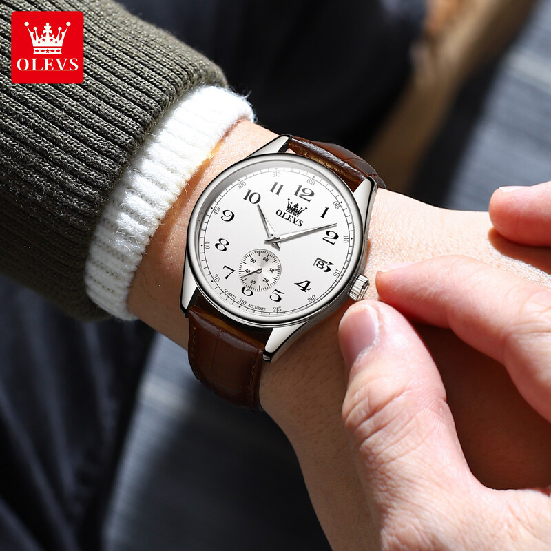 OLEVS vīriešu pulksteņi, vienkārši, moderni, lieli arābu cipari, oriģināls kvarca pulkstenis vīrietim, ūdensizturīgs, gaišs ādas siksniņa